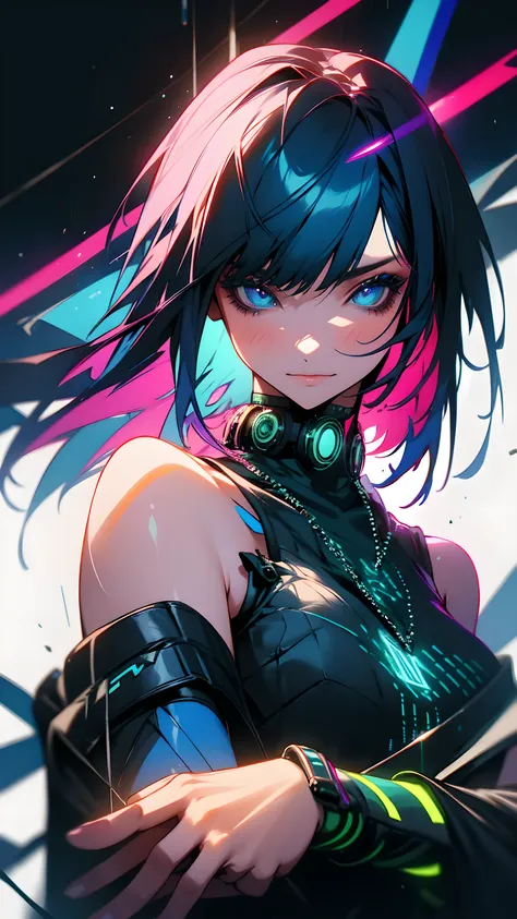 1girl, solo, lucy \(cyberpunk\), cyberpunk \(series\), asymmetrical hair, short hair, blue hair, green hair, pink hair, multicol...