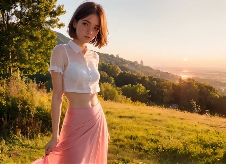 (((realistic))), (A young girl leans against the front of a faded red vintage Porsche.:1.75), Focus Girl, ((See through the white frilly shirt.:1.3), full body, (pink satin maxi skirt:1.3), (Sweating)), (Panties flashing:1.3), 25 years old, (beautiful puff...