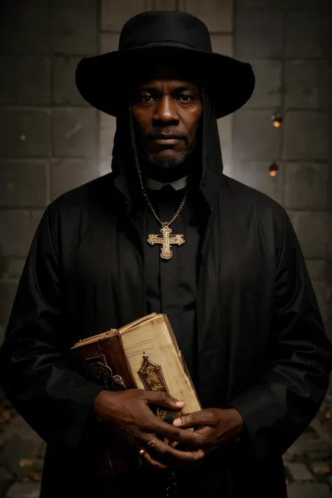 Black old pastor, aged 69, holding a brown holy bible , with a large hat that partially covers his face, wearing a long black coat, symbols of holy protections on his coat, huge  rosary religious, in  dark atmosphere,