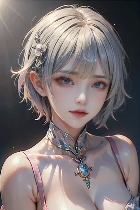 (masterpiece, Highest quality, beautiful girl, Pretty face:1.5), (Gray pink short hair:1.5), (whole body, bangs:1.2), Narrow waist, (Simple Background:1.4), Beach, (horizon, Beautiful sea, null, sunny:1.2), bikini, Face Light, 8k, Official Art, オリジナルphotog...