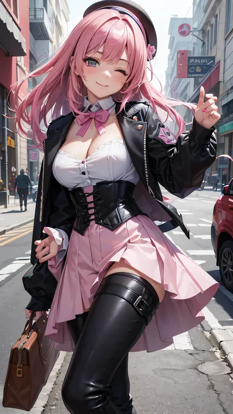 Toda la imagen con detalles intrincados nivel profesional: "(A young 16 year old prostitute girl with vibrant pink hair, piernas abiertas, vestida con un abrigo oscuro y una camisa blanca, with a corset and several belts, pantalones cortos negros y medias ...