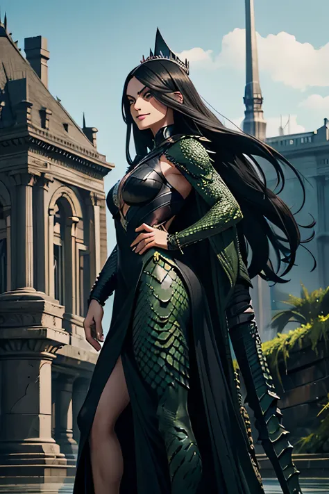 woman, black hair, long hair, black eyes, (green reptile scales), silver crown, black dress, silver scepter, woman standing on b...