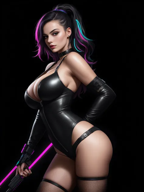 there is Margot Robbie, black neon streaked hair, hair in pony tail, 3 d neon art of a womans body, neon-noir background, cyberpunk femme fatale, seductive cyberpunk dark fantasy, cyberpunk strip clubs, cyberpunk 20 y. o model girl, oppai cyberpunk, banner...