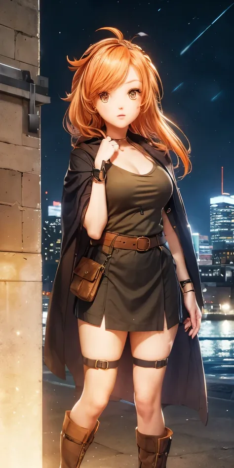 a young woman with richly faded light orange hair and light brown skin standing in a night city setting. she has orange eyes and...