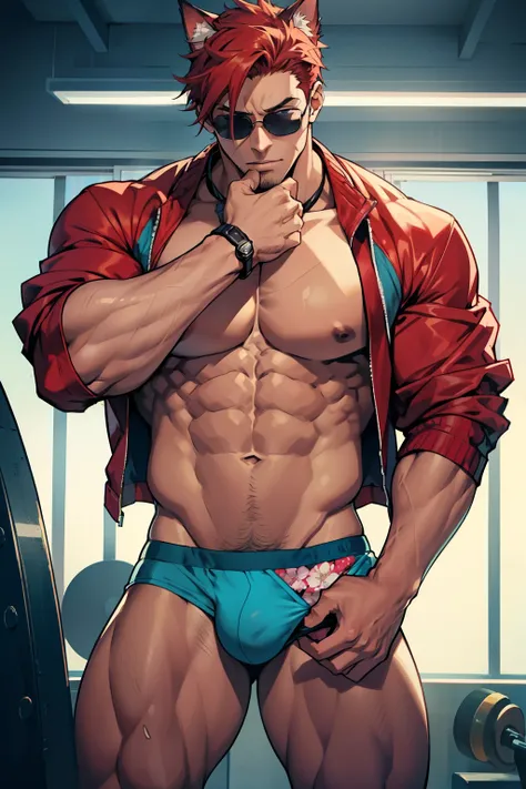 (1 boy,Be a man),Muscular anime guy in the gym, facial expression like masturbation, 1boy, bikini, Tight muscles, Broad shoulders, Handsome and old, Tiny underwear, Sexy, sex, Guy, Gay, Sea, jacket, sunglasses, boy, floral bikini, bright red hair, tight le...