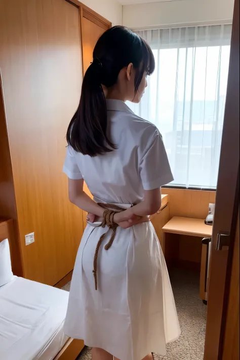 cute girl tied up、(((i have my hands behind my back)))、beauty、even out the eyey hands are tied with ropes、inside the hotel room、...