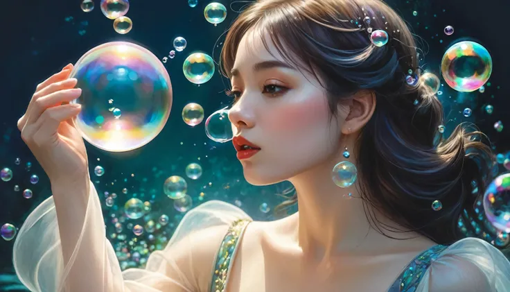 A painting of a woman in a dress blowing bubbles, Roysh and Wow, Mysterious Bubbles, Moebius + Roysh + Wow, Dreamy details, intricate Wow, A close-up fantasy using the magic of water, fairy tale artwork, Fairy tale painting, Anna Dittmann style, Wow art, R...