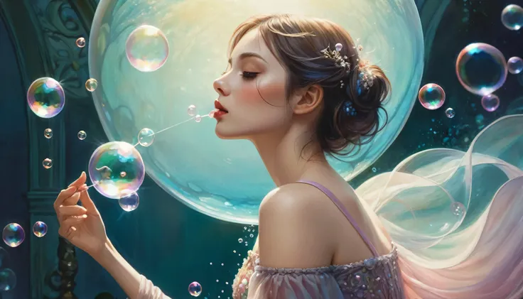 A painting of a woman in a dress blowing bubbles, Roysh and Wow, Mysterious Bubbles, Moebius + Roysh + Wow, Dreamy details, intricate Wow, A close-up fantasy using the magic of water, fairy tale artwork, Fairy tale painting, Anna Dittmann style, Wow art, R...