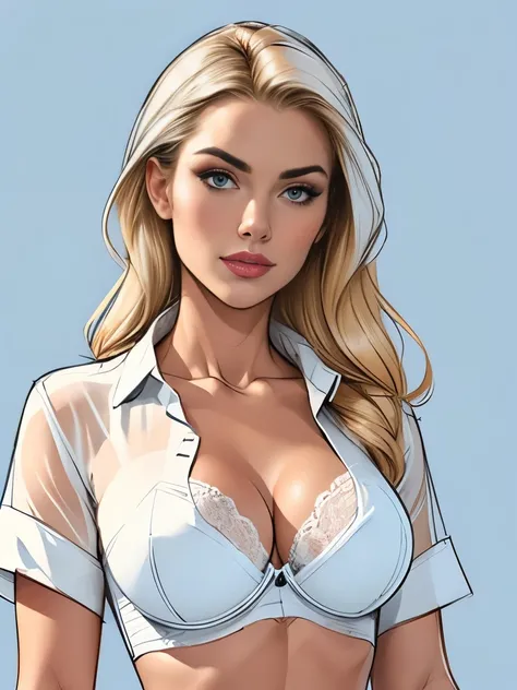 Medium full shot. sketch. 1 ultra hot gorgeous woman. Age 23.，blonde hair. Blue background. ((White blouse)) Black sheer D cup bra. ((Black and white sketch)).