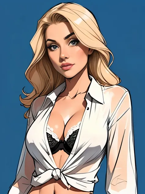 Medium full shot. sketch. 1 ultra hot gorgeous woman. Age 23.，blonde hair. Blue background. ((White blouse)) Black sheer D cup bra. ((Black and white sketch)).