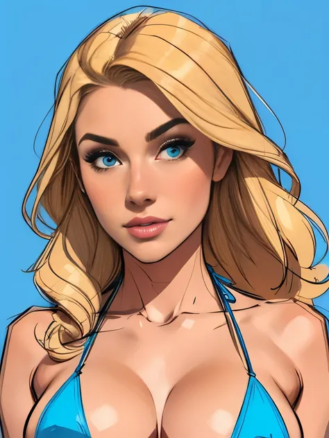 Medium full shot. sketch. 1 ultra hot gorgeous woman. Age 23.，blonde hair. Blue background. wearing a micro bikini. ((sketch)).