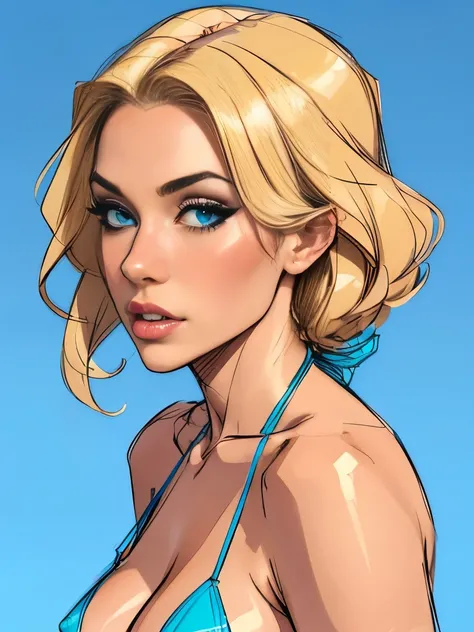 Medium full shot. sketch. 1 ultra hot gorgeous woman. Age 23.，blonde hair. Blue background. wearing a micro bikini. ((sketch)).