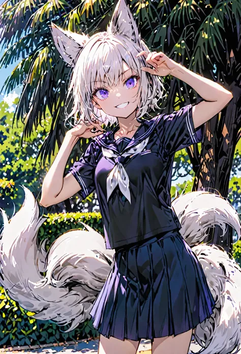 solo, female, serafuku, black undershirt, short hair, white hair, purple eyes, short blue skirt, tomboy, day, pose, beaming smile, fox ears, fox tail