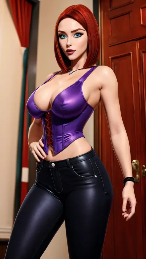 A sexy girl big breast short red hair round her blue eye wears purple corset and tight black pants big thigh
