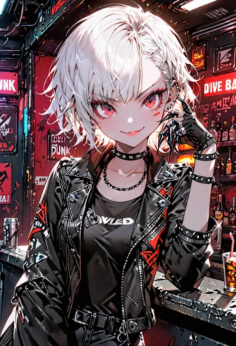 solo, female, white hair, short hair, wild hair, red eyes, smile, dive bar, dark, leather jacket, small breasts, black jeans, studded chocker, punk aesthetic, futuristic, medium shot, inspecting nails, metal claws, contrapposto