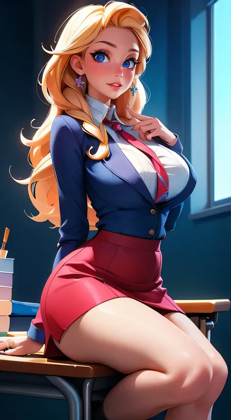 woman, ((Masterpiece, best quality)), full body view, bursting huge breasts, detailed skin, Anna from Frozen as a teacher, in class room, high heels, stockings, Elegant teacher outfit, over the knee skirt, highly detailed, cinematic lighting, ultra realist...