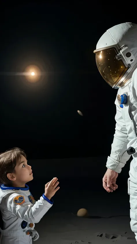 7.**Meeting Astro the Astronaut**:
   - Prompt: "An astronaut named Astro, in a sleek spacesuit, meeting Ali and Sara in space. Astro is pointing towards different planets, explaining interesting facts. The children are listening attentively."