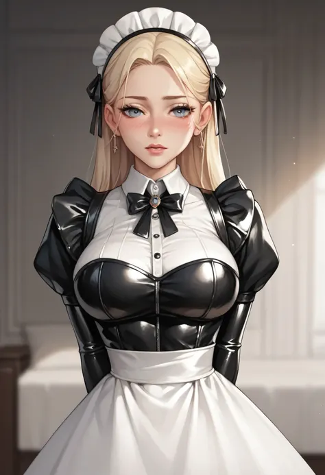 Masterpiece, best quality, 1girl, woman in  black and white latex maid uniform, standing in a big bedroom, ((arms behind back)), busty, small waist, large hips, blonde,  blushing, maid cap, upper body