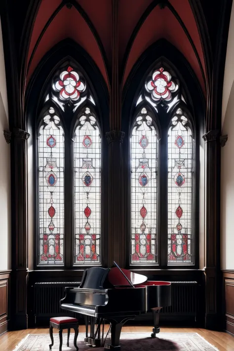 Gothic architecture room in black and burgundy with two windows ((yours outside is red)) com um piano de calda