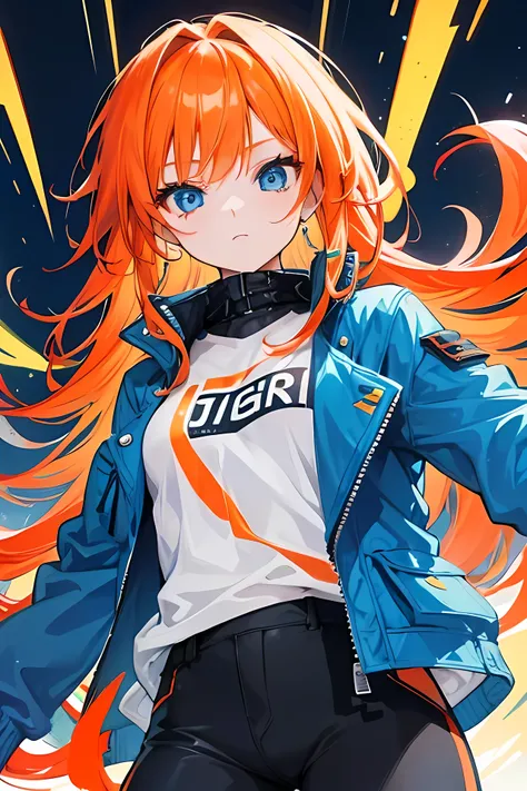 Orange hair, blue eyes, long hair, young girl, modern style, jacket, young girl