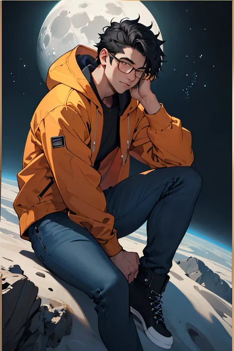 Man in his 20s, sitting in a pensive position, red and black bicolor frame glasses, olive skin, slim build, wearing a dark blue geek style hooded jacket and black STRAIGHT jeans, short black hair, turned up nose, drooping eyes, is sitting on the moon, and ...