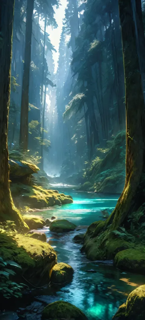 High quality, ultra realistic,absurdres, highres, ultra detailed, HDR, masterpiece, extremely detailed , beautiful forest, , light blue lake , glowing