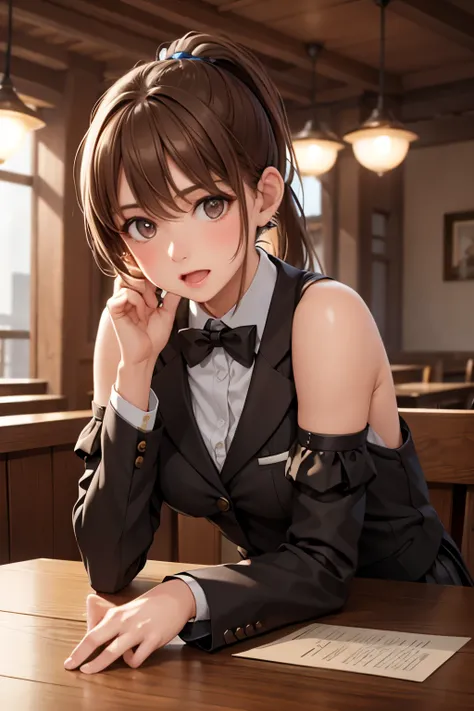 a girl with short ponytail laying in the table in a restaurant wearing formal suit,  clear eye, perfect body,  (look down at the viewer:0.8), (pureerosface_v1:0.2), detached sleeves, open mouth, bangs, 1girl, shiny skin, (masterpiece;1.0), (photorealistic:...