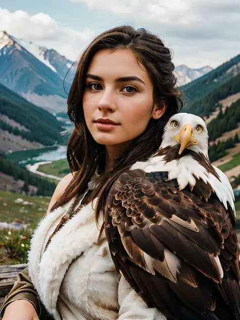 highest quality, epic realistic, ((a very beautiful Caucasian Girl with an adult eagle bird sitting on her shoulder)), in the mountains, Long Dark Brunette, in the mountains, looking at the viewer.