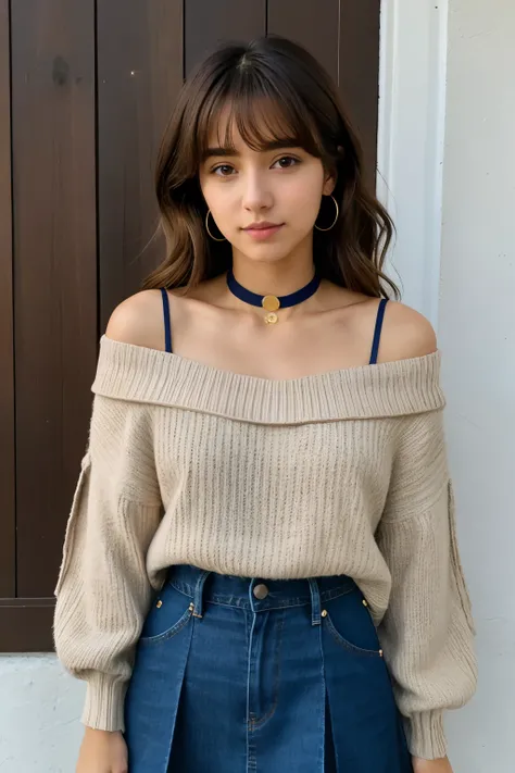 ((anime)), 1 chico, light brown hair, corto y ligeramente despeinado,  Basic T-shirt and jeans ,Collar con un colgante de estrella. Y 1 chica,Off Shoulder Sweater with Pleated Skirt, Cabello Largo, ondulado y de color morado oscuro ,collar con un colgante ...