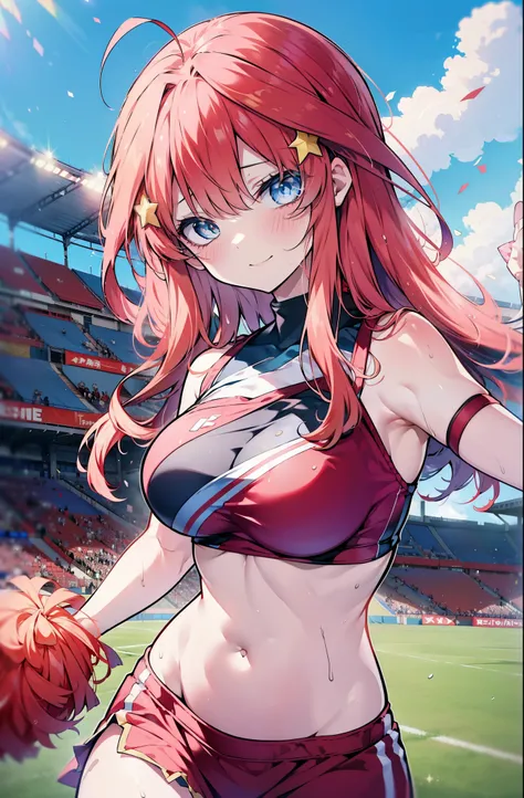 itsukinakano, Itsuki Nakano, bangs, blue eyes, hair between eyes, Ahoge, Redhead, star (symbol), happy smile, smile, Open your mouth,hair ornaments, star hair ornaments,(cheer leading), (whole body), Big Breasts, Lower, (Sweaty), Sweaty Wet Clothes (Red cl...