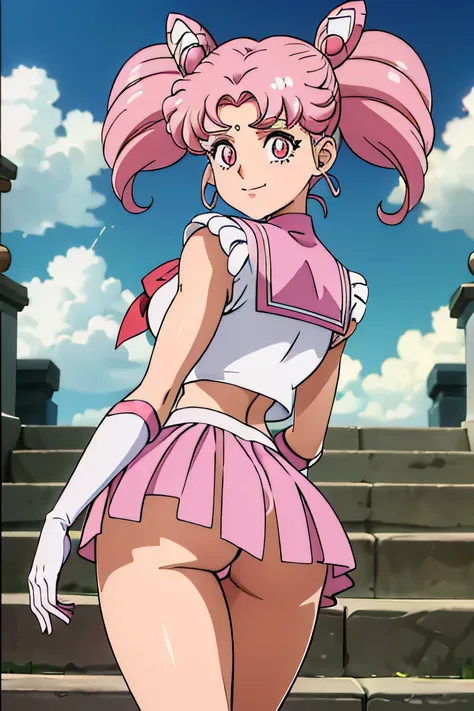 masterpiece, best quality, absurdres, perfect antomy, 1girl, solo, SMMoon, 1990s (style), sailor chibi moon pink hair, pink pupils eyes, climbing the stairs up, close-up, smile, cowboy shot, sailor senshi uniform pink, pink sailor collar, Pink pleated skir...