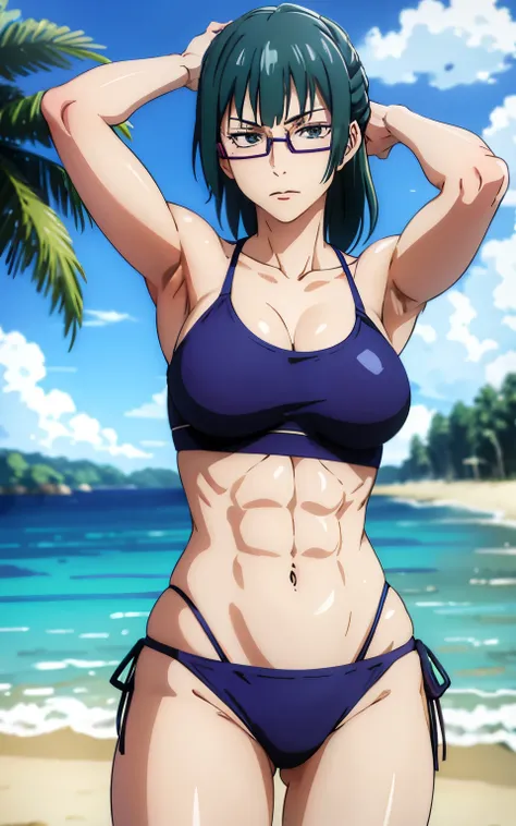 maki zenin, blue bikini, curved, dark green hair, well proportioned, muscular, large thighs, medium chest. purple glasses, beach...