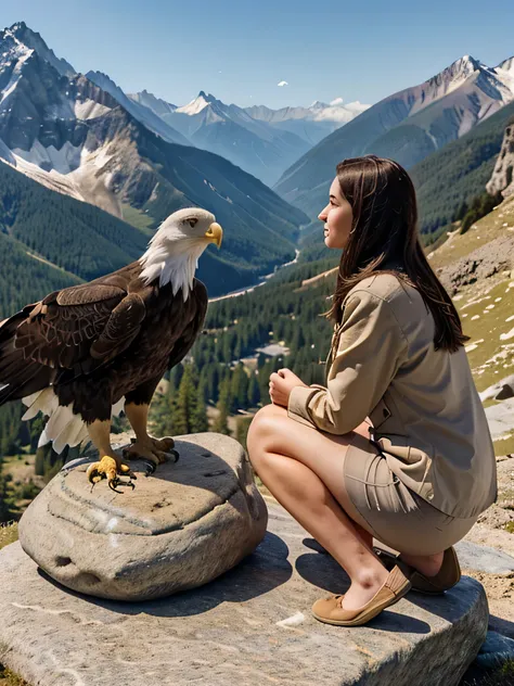 highest quality, epic realistic, ((an adult Caucasian Girl sitting on a stone in the mountains petting an adult eagle bird also sitting on a stone beside her)), in the mountains, Long Dark Brunette, in the mountains,