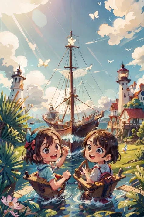 generates an image of two happy  very young girls sailing on a boat, waves, sea, sky with white clouds. colorful butterflies, li...