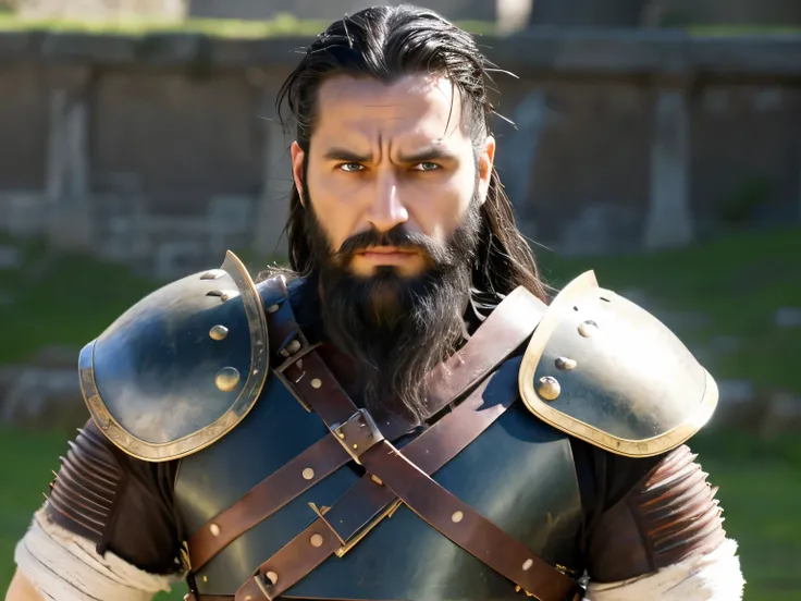 masterpiece, high quality, best quality, beautiful, hd, realistic, perfect lighting, detailed face, detailed body, 1 man, solo, black hair, green eyes, long black beard, brown and worn leather clothing gladiator style: 1.4), leather breastplate, 1 wooden s...