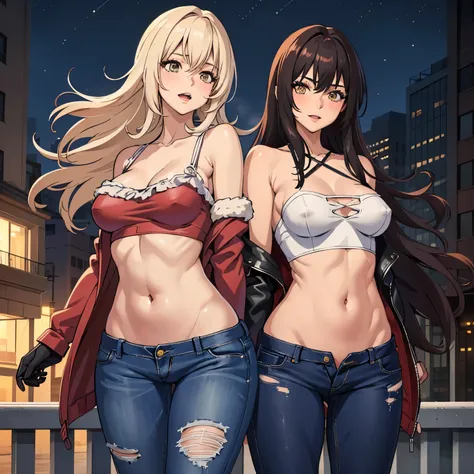 2girl, two girls, long hair, blush, lipstick, fur trim, mature female, gloves, fur-trimmed coat, outdoors, rooftop, cityscape, building, railing, night, night sky, scenery, city lights,  jacket, masterpiece,high quality,4k, bare shoulder,belly,crop top,out...