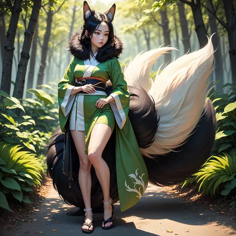 ((full body shot at distance)) , (((1girl))), (realistic fox-girl with black hair and nine tails) , (nine tails with black fur:2.0 ) , (image centered on subject with her tails spread behind her:1.5) , (anatomical perfect), (beautiful human face, high chee...