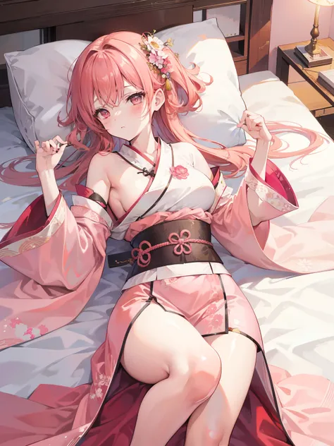 Laying in bed, blushing, Peach hair, antique Hanfu all pink, exposed thighs, exposed shoulders, exposed breasts, bondage