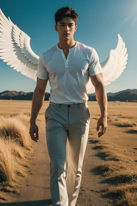 1boys, A handsome angel walks on a field, The wind blows，The holy light shines down, Muscular