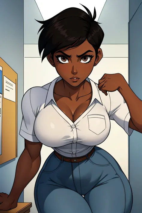 ((ultra quality)), ((masterpiece)), Lois Lane, ((black short hair tomboy hairstyle)), (Beautiful face), (beautiful female lips), (), charming, ((sexy facial expression)), (Dark skin color), (dark skin), glare on the body, ((detailed beautiful female eyes))...