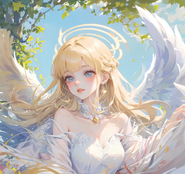 (High quality) (best quality) (A woman) (correct physiognomy) woman, long blonde hair with bangs on her forehead, four small angel wings emerge from her head, two on the left side and two on the right side, two wings of angel emerging from her back, a gold...