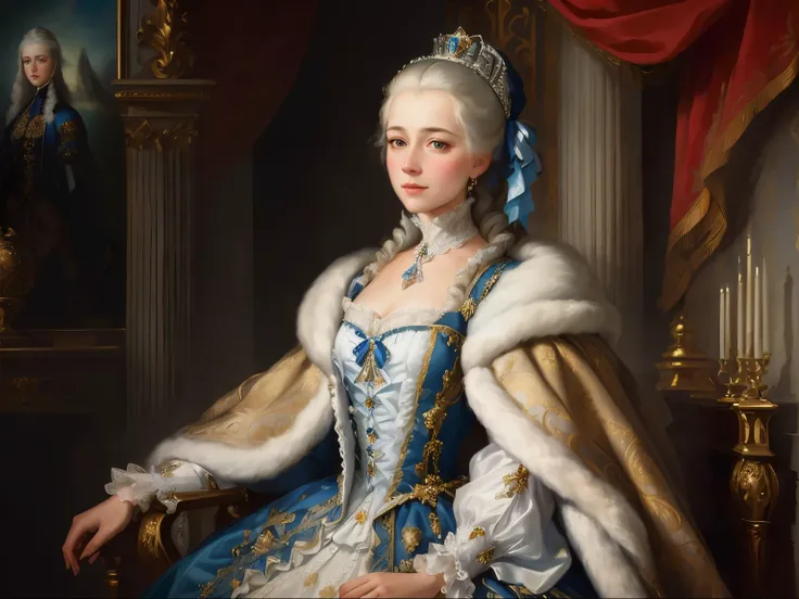 arafed portrait of a woman in a blue dress and white coat, Catherine the Great, portrait of Catherine the Great, inspired by Maria Oriana Galli Bibiena, rococo queen, rococo portrait, royal portrait painting, inspired by Maria Johanna Görtz, portrait of qu...