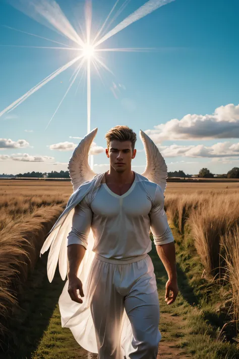 1boys, A handsome angel walks on a field, The wind blows，The holy light shines down, Muscular