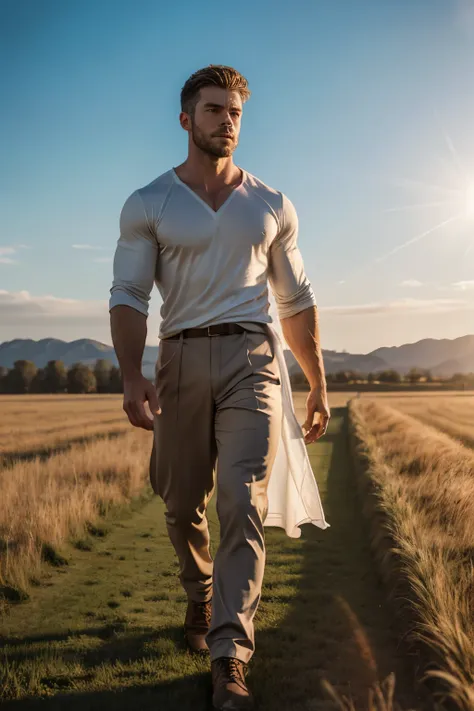 1boys, a handsome man walks on a field, the wind blows，the holy light shines down, muscular