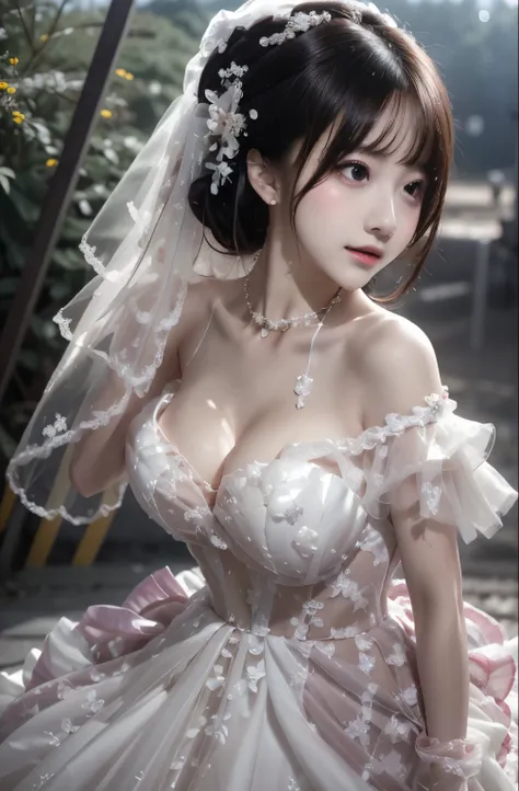 (((Pixel Perfect, Perfect details))), Solitary, 1 girl，bride, chunmomo, Keep your mouth shut，pink glossy lips,穿著bride禮服的特写,Gulwitz, (((bride頭紗)))，（Transparent short veil），blush，Eyeshadow，Blushing face，Flower head，headgear，((Bouquet))，((((tube top wedding d...