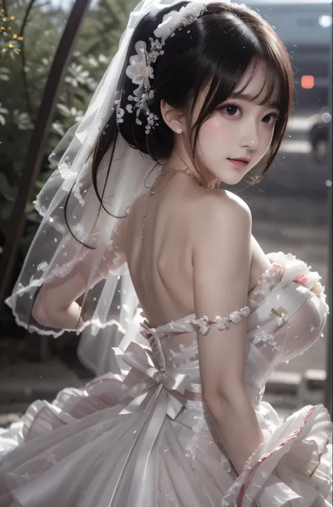 (((Pixel Perfect, Perfect details))), Solitary, 1 girl，bride, chunmomo, Keep your mouth shut，pink glossy lips,穿著bride禮服的特写,Gulwitz, (((bride頭紗)))，（Transparent short veil），blush，Eyeshadow，Blushing face，Flower head，headgear，((Bouquet))，((((tube top wedding d...