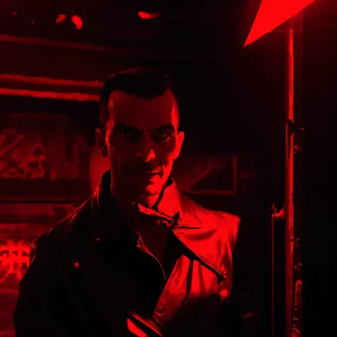 a serial killer with a sinister smile, 1980s nightclub in brazil, neon lighting, blood-red color palette, dark shadows, ominous ...