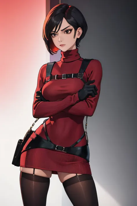 masterpiece, best quality, 1girl, solo, standing, adasweater, red sweater, turtleneck, harness, pantyhose, thighhighs, crossed arms, black gloves