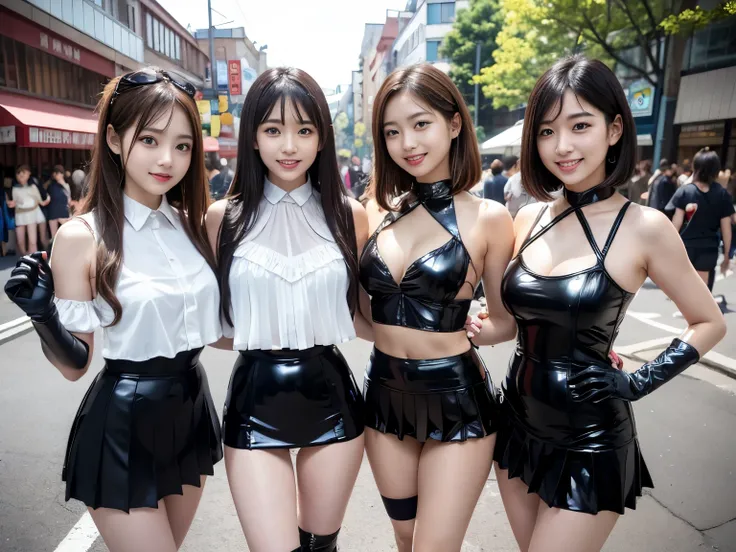 8K resolution, surreal, Super detailed, high quality, perfect anatomy, jammed 3 girls, smiling, cute face, perfect proportion, full body, (satin and latex clothes, China dress, many frills, elbow gloves, see-through clothes, shiny clothes, high waist pleat...