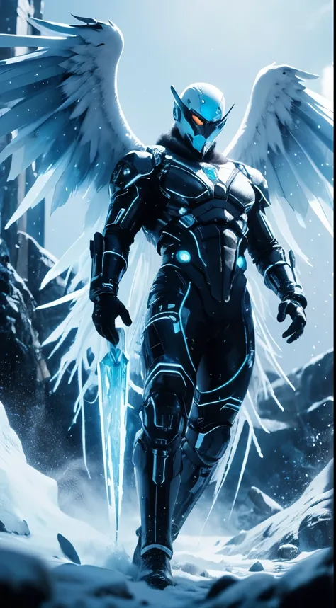 (high-res, vivid colors), blue bird alien, detailed feathers, sparkling eyes, alien landscape, vibrant colors, surreal atmosphere, glowing lights, otherworldly features, intricate patterns, dreamlike scenery, Arctic Frost Ranger: A suit featuring icy blue ...